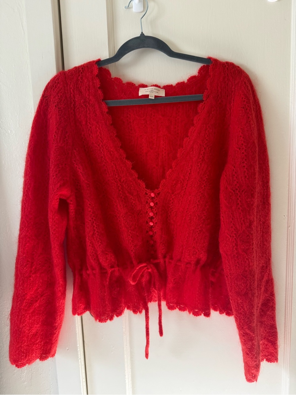 Sezane Red Scalloped V-Neck Knit Cardigan